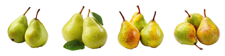 Fresh Green and Yellow Pears with Leaves, Isolated on Transparent Background