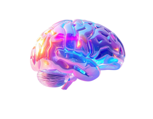 Vibrant, 3D holographic brain image, with iridescent colors
