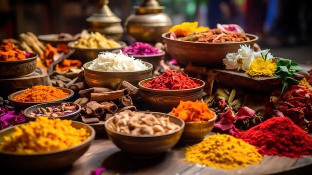 Assorted colorful spices and herbs in small bowls on a dark wooden surface