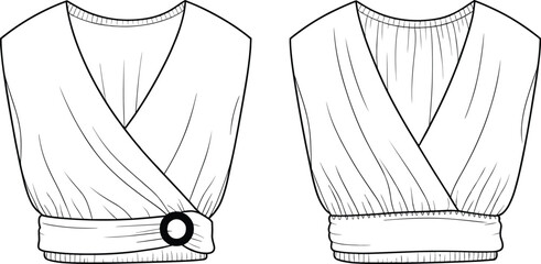 Technical fashion vector illustration of sleeveless wrap tops with V‑neck, gathered waistband, buckle detail, plain design, front and back views