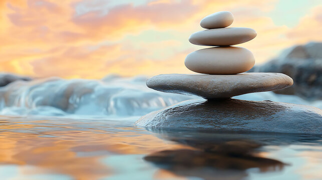 Light taupe stones balanced on a flat rock by a stream, water softly flowing around the base, pastel sky reflecting overhead,