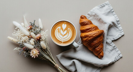 Modern Flatlay of Artisan Coffee with Pastry and Neutral Background
