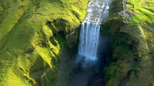 Slow motion aerial view of Skogafoss waterfall, Iceland