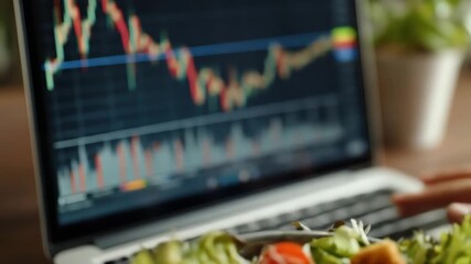 Financial Market Data Analysis on Laptop with Healthy Salad - Powered by Adobe