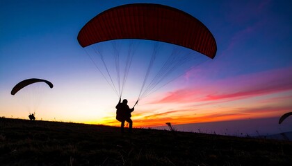 Silhouettes of paragliders at sunset over a mountain