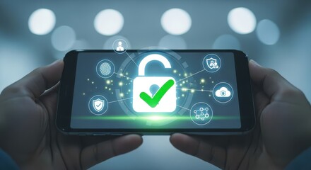 Hands holding smartphone with security lock and checkmark for cybersecurity