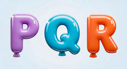 Three shiny, inflated balloon letters P, Q, and R are displayed in pastel purple, blue, and orange, floating against a plain light blue backdrop.