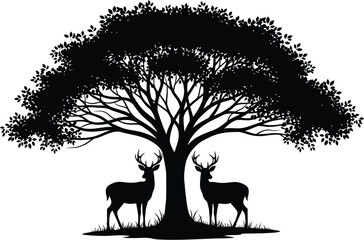 Silhouette of Two Deer Under a Tree, Wildlife and Nature Illustration