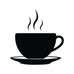 Black silhouette of a hot cup of coffee or tea on saucer, cup of tea silhouette vector illustration