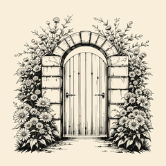 illustration of a stone arch doorway surrounded by blooming flowers
