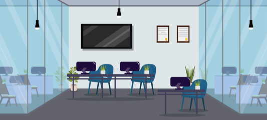 Fototapeta premium Vector illustration of stylish interior of modern office. Cartoon scene, beautiful office with transparent walls, TV, armchairs, tables, computers, flower pots, wall decorations, light bulbs.