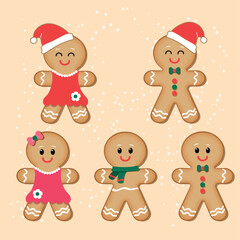 Cute gingerbread cookies in Christmas costumes with festive decorations and holiday background