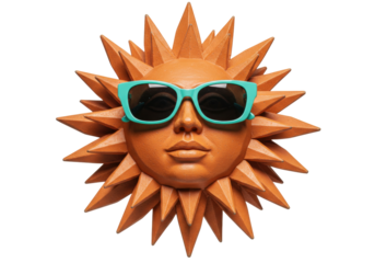 Isolated smiling sun decoration wearing cool blue sunglasses for summer weather fun day