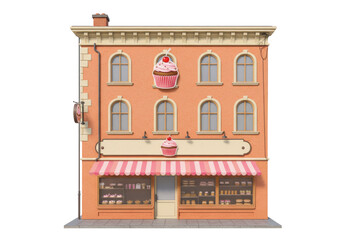 Isolated facade of vintage bakery building exterior with cupcake signs and striped awning