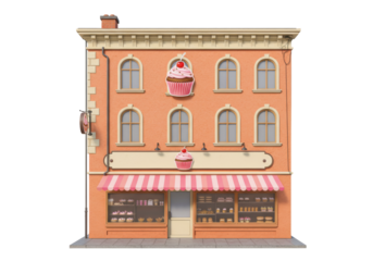 Isolated facade of vintage bakery building exterior with cupcake signs and striped awning