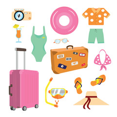 Set of different things for vacation in cartoon style. Vector illustration: camera, cocktail, suitcase, swimsuit, sunglasses, inflatable ring, t-shirt, shorts, suitcase, swimming mask, slippers, hat.