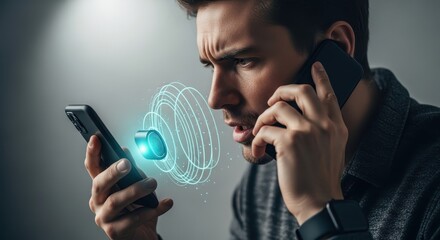 Man with two smartphones having a bad signal and poor connection on both devices