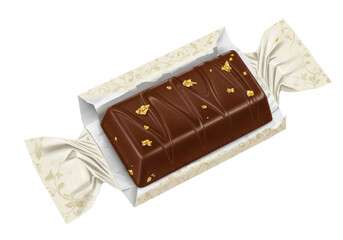 Isolated, Wrapped Brown Chocolate Bar with Edible Gold Leaf Flakes, Luxury Indulgence
