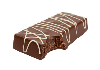 Isolated chocolate candy bar with white drizzle missing a bite, sweet treat dessert item