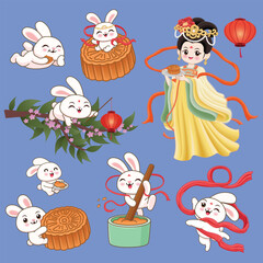 Vintage Mid Autumn Festival poster design with the rabbit, Chinese Goddess of Moon character. Translation: Mid Autumn Festival, Fifteen of August.
