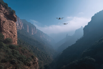 rescue drone assists tourists in mountains scanning rugged terrain for missing hikers
