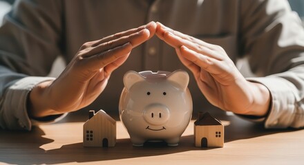 Hands protect piggy bank and wooden house, representing financial security and investment