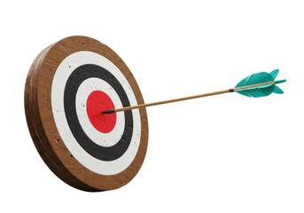 Isolated arrow bullseye target made of wood in center with bright teal fletching, vintage look