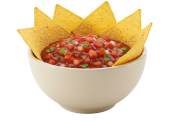 Isolated bowl of homemade salsa with cilantro, tomatoes, onions and a ring of tortilla chips