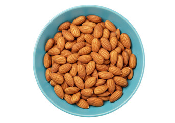 Isolated almonds in bowl, healthy eating and snack food choice, close-up shot from above