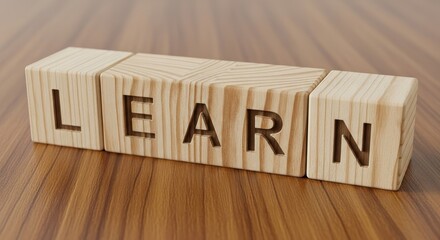 Wooden blocks spelling the word learn on a wooden surface, close up shot