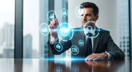 A businessman in a suit interacting with holographic icons, representing technology and data analysis.