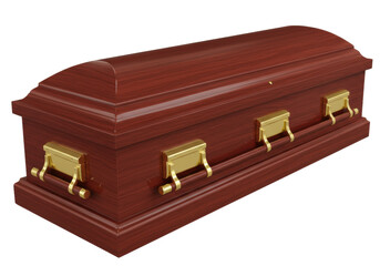 Isolated rosewood casket with gold handles, elegant wood grain surface, a symbol of eternal rest