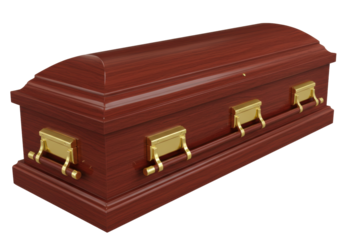 Isolated rosewood casket with gold handles, elegant wood grain surface, a symbol of eternal rest