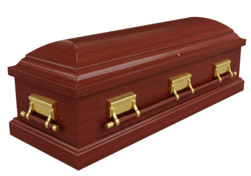 Isolated rosewood casket with gold handles, elegant wood grain surface, a symbol of eternal rest