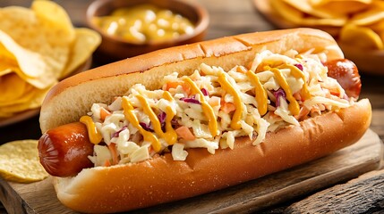 Creamy coleslaw hotdog with mustard and potato chips
