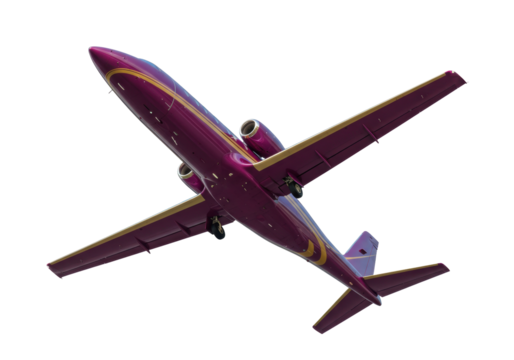 Isolated purple and gold jet airplane against the sky, a luxury corporate aircraft overhead