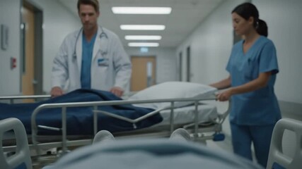 Point of view defocused tracking shot of patient watching doctor and nurse pushing hospital gurney - Powered by Adobe