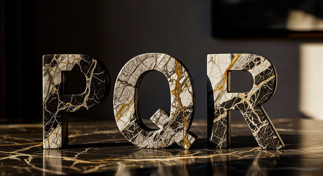 Three decorative letters P Q R, crafted from marbled stone, stand on a polished surface, casting shadows in warm, directional light. - Powered by Adobe