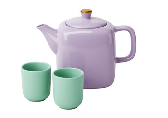 Isolated tea set with lavender teapot and mint green tea cups on seamless background