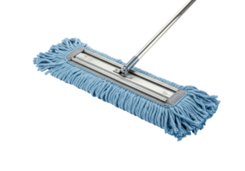 Isolated mop with light-blue cotton strands is ready for floor cleaning services and hygiene