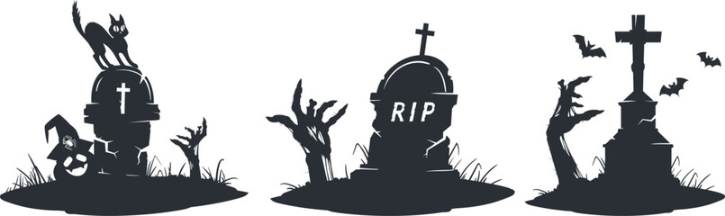 Halloween graves. Spooky grave stones with zombie hands and bats, Halloween monster zombie scrawny hand sticking out from gravestone silhouette flat vector illustration set. Creepy Halloween posters