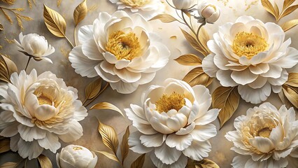 Elegant white and gold peonies with delicate petals and leaves
