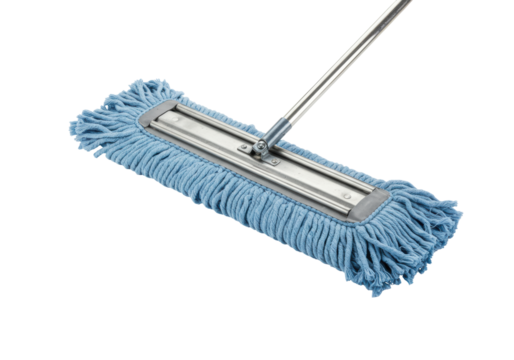 Isolated mop with light-blue cotton strands is ready for floor cleaning services and hygiene