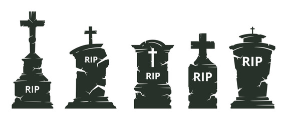 Fototapeta premium Halloween tombstone and graveyard vector set with RIP headstones, spooky cemetery, creepy night sky and haunted illustration designs