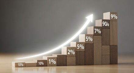 Wooden blocks showing percentage increase with upward arrow indicating growth