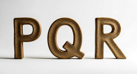 Wooden carved letters P Q and R stand upright on a clean white surface, showcasing their natural texture and simple design.