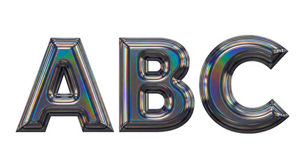 Three large, inflated silver foil balloons shaped like the letters A, B, and C are displayed against a clean white background.