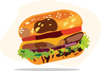 ,Delicious Juicy Burger Vector Illustration  Fast Food Icon Design, hamburger on white background, 