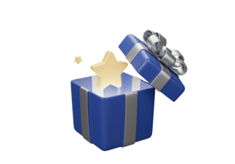 Isolated surprise present box with a star emerging inside, ribbon and opened lid giftbox