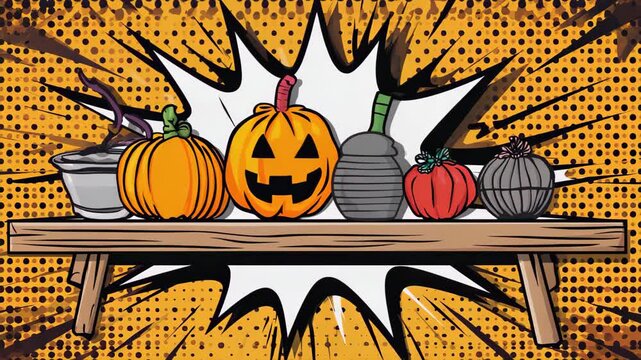 Comic-style Halloween pop art with pumpkins and potion bottles on wooden shelf. Halloween slow motion background